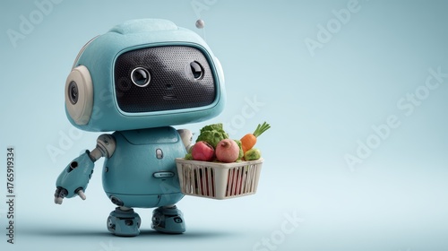 Cute blue robot carrying fresh vegetables in a basket on light blue background.