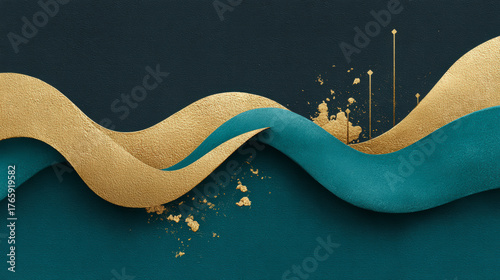 Abstract artistic design with gold and teal waves, featuring textured surfaces and delicate gold splashes, conveying movement and elegance.