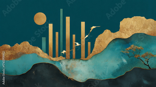 Abstract landscape with gold and blue layers, geometric bars resembling a cityscape, birds in flight, and a minimalist moon.