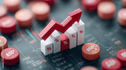 Red arrow graph on small white blocks marked with percent signs, over a background of financial charts and cylindrical red tokens.