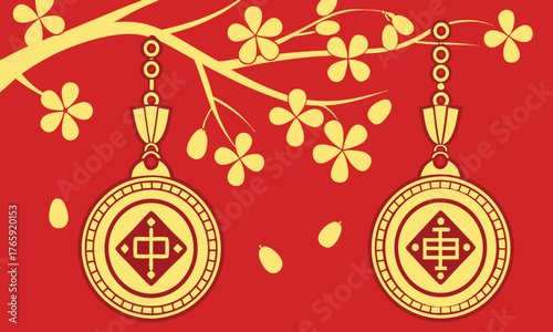 Two golden ornaments with Chinese characters dangle gracefully from a golden flowering branch against red