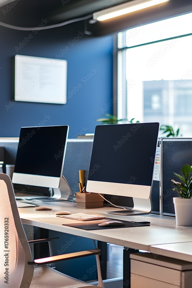 Fototapeta premium Two Desktops White Desks Modern Office Blue Walls computers