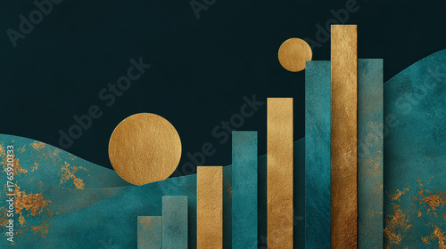 Abstract geometric art with overlapping rectangles and circles in gold and deep blue tones, featuring subtle marbling effects.