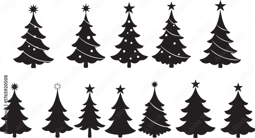 Obraz premium Black Christmas Tree Silhouettes with Stars and Ornaments