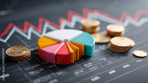 Colorful pie chart on financial graph background with coins, illustrating investment distribution or budget allocation in a corporate setting.