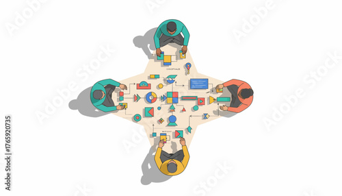 Overhead View of Team Collaborating on Process Mapping Strategy with Abstract Shapes