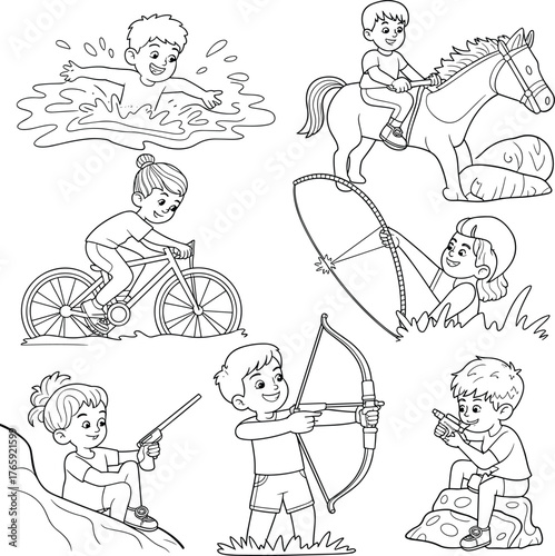 Children doing outdoor activities line art illustration with swimming, cycling, archery, horse riding, and adventure games for kids coloring page