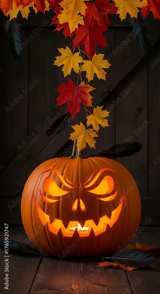 Obraz premium Illuminated orange pumpkin with carved face, with maple leaves and black feather accents, evoking an autumnal and spooky atmosphere, perfect for Halloween