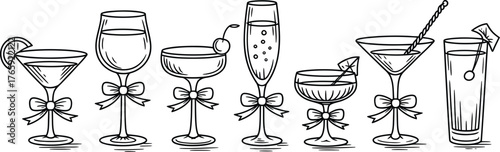 Black line cocktail glasses adorned with bows and garnishes create a celebratory design