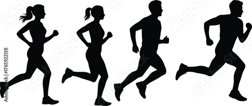 Four black silhouettes show two women and two men running with a transparent background