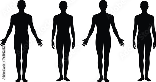 Four full human body silhouettes stand with arms straight isolated on white background