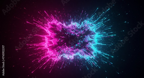 暗闇で鮮烈に輝くネオンピンクとブルーの光が激しく爆発し粒子が幻想的に飛び散る. AI Generated