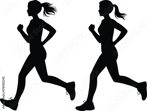 Two silhouette woman figures are jogging with ponytails in monochrome with transparent background