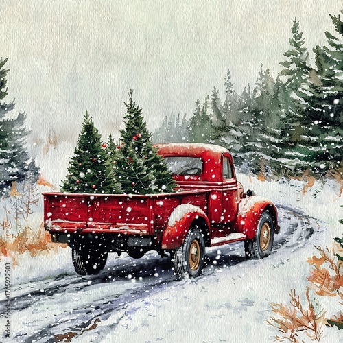 Vintage red truck with Christmas trees on icy road in snow-covered pine forest, soft watercolor pastel style for nostalgic holiday scenes and prints