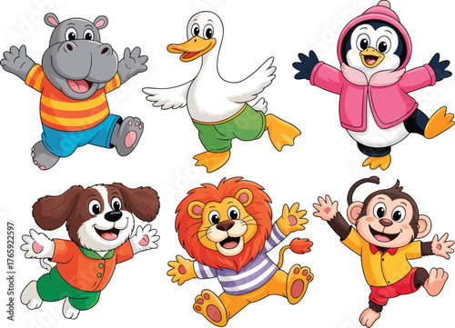 Cute cartoon animals jumping happily illustration, funny zoo characters including lion, penguin, monkey, duck, hippo, and dog for kids design