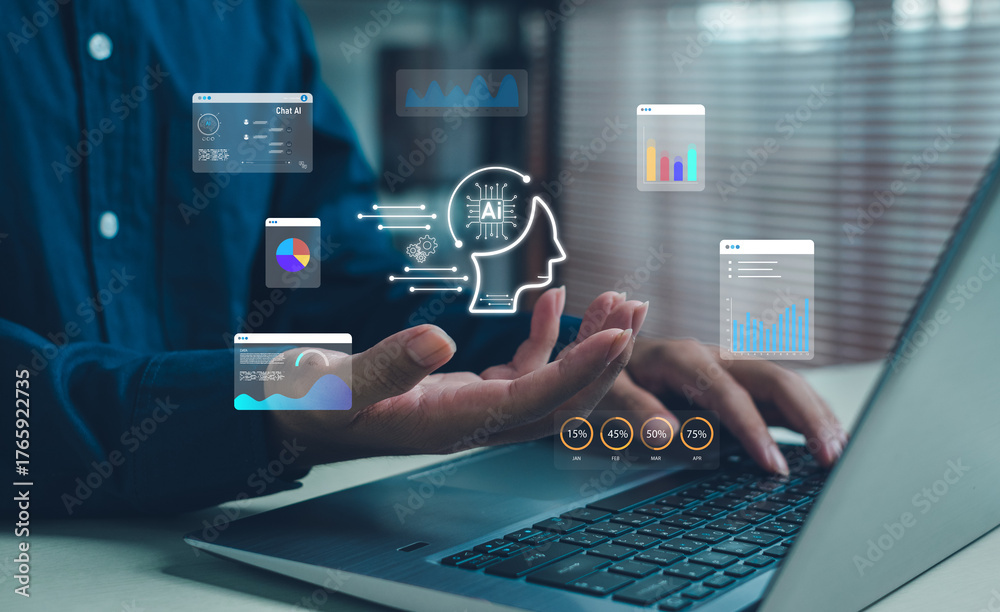 Naklejka premium Artificial intelligence and data analytics concept with digital charts, AI interface,business technology. Perfect for innovation, machine learning, big data, automation,digital transformation themes.