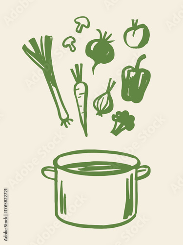 Vegetable soup pot minimalist sketch vector illustration