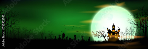 Haunted house by a full green moon with bats, zombies, crosses, and eerie trees in a misty graveyard. Ideal for Halloween banners, posters, and invites. Style vector illustration.