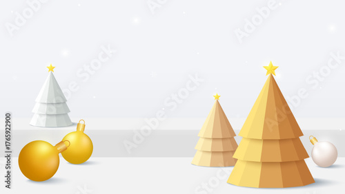 New Year background or Merry christmas banner with christmas tree and decoration balls on the stage. Festive holiday illustration. perfect for greeting card, banner, and seasonal promotion