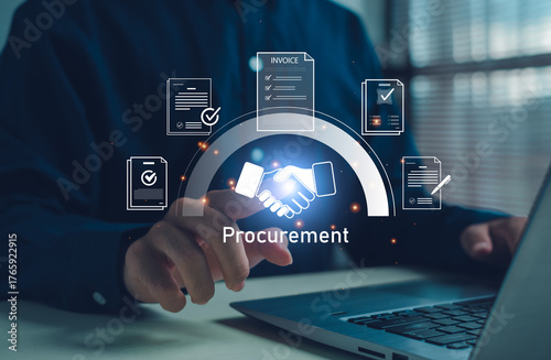 Businessman using laptop with digital procurement icons showing handshake, invoice, and contract approval, representing e-procurement, supply chain automation, digital business agreement management.