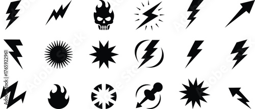 Reckless black symbol icons set on white background, aggressive abstract vector collection with skulls, lightning bolts, spikes, and chaotic shapes for rebellion and adrenaline themes