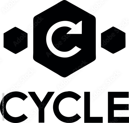 Black and White Cycle Logo with Hexagon Shapes, Letter C, and Arrow Icon Vector