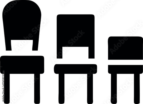 Three Black Chair Silhouette Icons in a Row, Furniture Vector Graphic