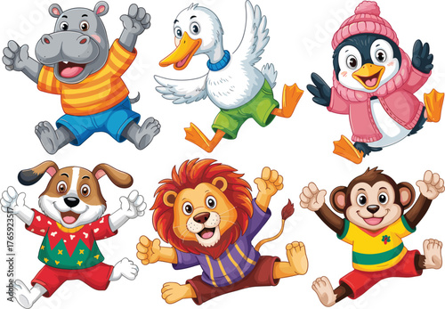 Cute cartoon animals jumping happily illustration, funny zoo characters including lion, penguin, monkey, duck, hippo, and dog for kids design