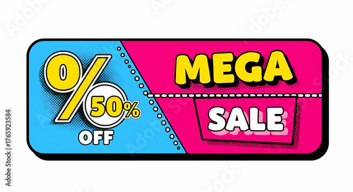 A vibrant fifty percent off mega sale banner and discount coupon in a pop art and comic style vector illustration