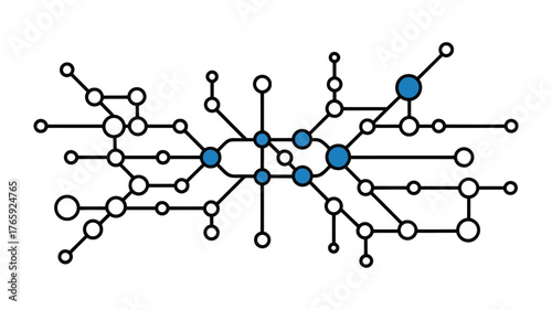 Abstract interconnected network of nodes and lines showing complex digital data flow, blue glowing points symbolizing AI, blockchain, technology, communication, and cybersecurity background