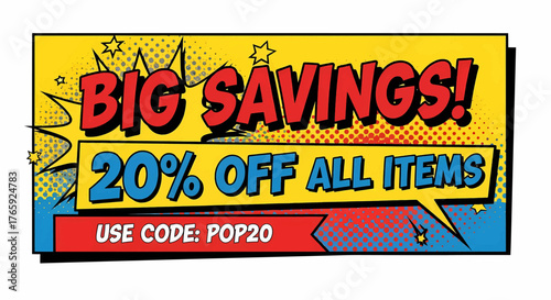 Dynamic sale banner and discount coupon in a vibrant pop art and retro comic style. A creative vector illustration
