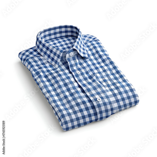 Blue and white gingham pattern folded button-down shirt on white background clothing fashion