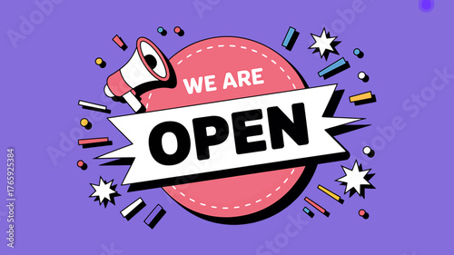 Vibrant We Are Open Announcement with Megaphone and Confetti Design Concept for Business Promotion and Grand Reopening Advertising Strategy