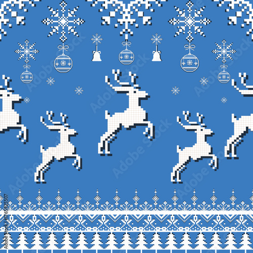 Vibrant Blue Nordic Fair Isle Seamless
Pattern with Leaping Reindeer This bright, high-contrast pattern is perfect for holiday apparel, greeting cards, winter packaging, and digital