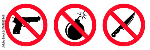 Prohibited Items Warning Sign Gun Bomb Knife No Weapons Allowed Security Measures Crime Prevention Concept Safety Regulations and Danger Avoidance