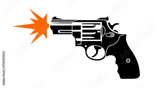 Revolver Gun Firing Silhouette Illustration with Orange Flash and Black Metal Design on White Background Depicting Weapon Safety and Power