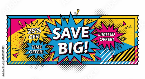 Save Big sale banner and discount coupon design in a vibrant pop art and comic style vector illustration