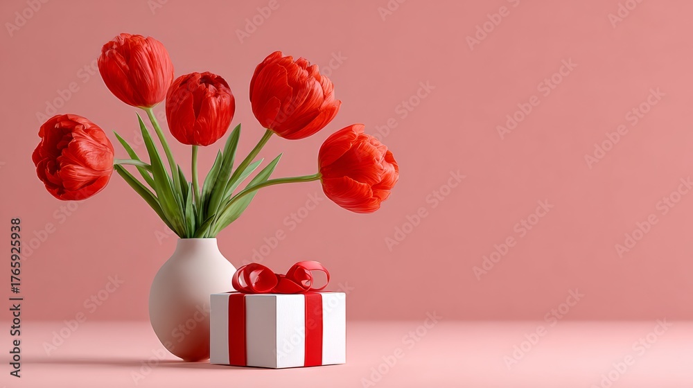 Obraz premium Vibrant bouquet of red tulips in a white vase beside a beautifully wrapped gift box with a red ribbon, set against a soft pink background, creating a cheerful and festive atmosphere