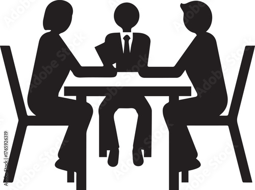 a simple black and white vector icon depicting three people sitting around a table in an interview, representing professional discussion or a meeting