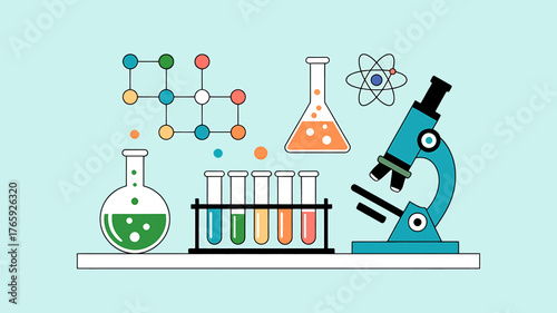 Science and research laboratory with chemistry equipment vector illustration for educational and scientific purposes on light blue background