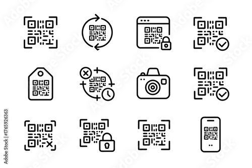 Collection of Minimalist Black and White QR Code Icons Depicting Functionality and Secure Access on White Background