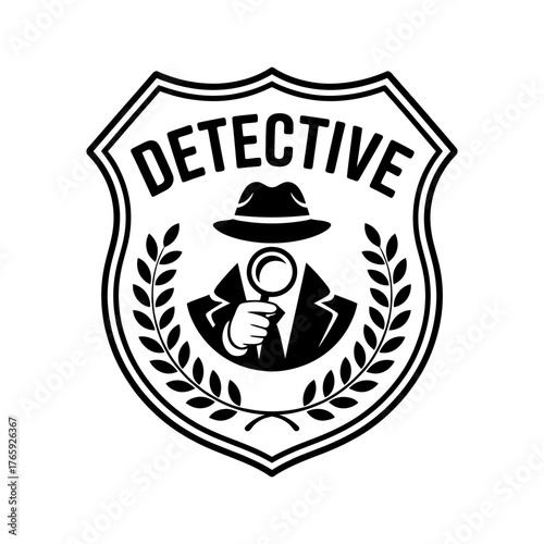 Detective Badge Icon with Magnifying Glass Investigation and Security Detailed Black and White Emblem Illustration