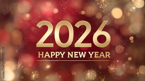 Golden 2026 happy new year text with red and gold bokeh festive background