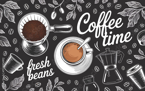 Artistic Coffee Time Background with Fresh Beans and Classic Coffee Making Equipment Illustration