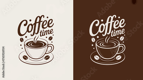 Coffee Time Graphic Illustration on Split Background Featuring Steaming Cup and Beans for Cafe Promotions or Coffee Related Designs