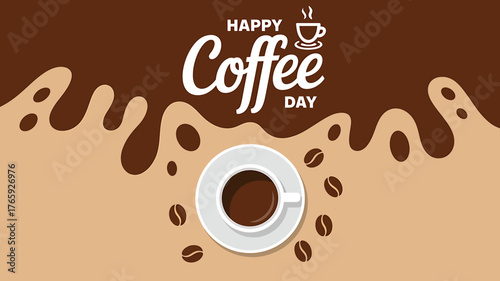 Celebrating Happy Coffee Day with a Delicious Cup of Coffee Surrounded by Coffee Beans and Swirling Mocha Background