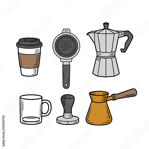Coffee preparation tools vector illustration with diverse coffee making equipment including a coffee press a moka pot and a coffee pot