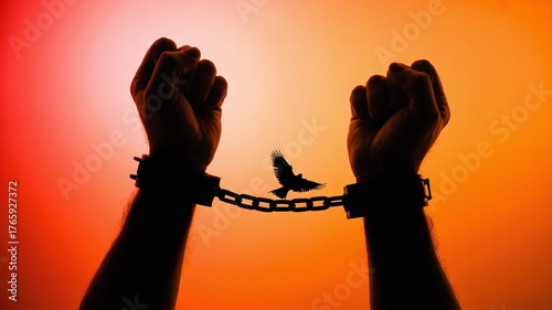 Powerful Silhouette of Shackled Hands Broken Chains and Bird Flying Against Sunset Sky for December 2 International Day for the Abolition of Slavery