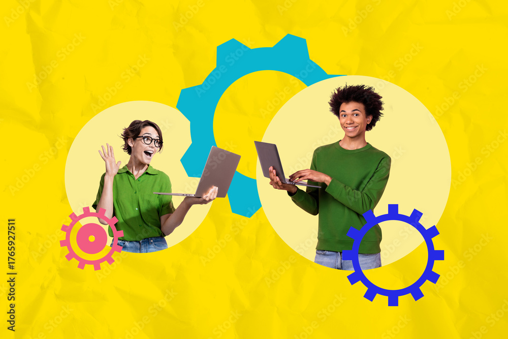 © deagreez - Composite creative art collage of two happy girl guy business partners surf laptop gearwheel optimization freelancer development