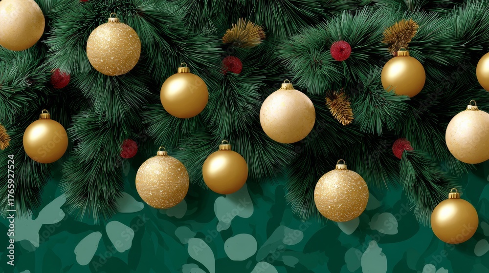 Naklejka premium Festive green pine branches adorned with golden Christmas ornaments and red berries, creating a vibrant holiday atmosphere perfect for seasonal celebrations and joyful decorations